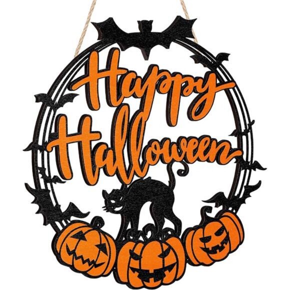 Halloween Decorations Black Cat Pumpkin Hanging Sign Happy Halloween - Picture 1 of 7
